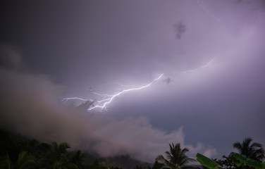 Stormy and cloudy night , thunder in the sky , lightning in clouds