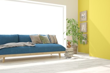 Idea of yellow minimalist room with blue sofa. Scandinavian interior design. 3D illustration
