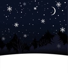 Christmas card with blank space for text. Blue night sky, falling snow and trees silhouette.
