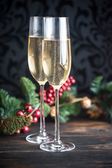 Gasses of champagne with Christmas tree