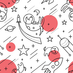 Vector seamless pattern with  dogs in space