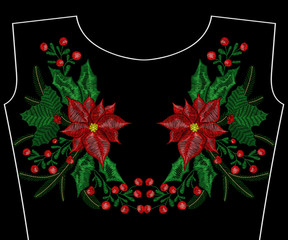 Christmas embroidery patch, wreath with mistletoe for apparel, fashion neckline, flowers, tree, jingle bells plants pattern for New Year decoration