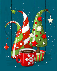 group of abstract christmas trees and coffee cup, holiday motive, illustration