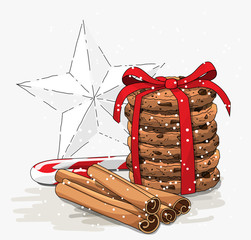 Seasonal theme, stack of brown cookies, christmas candy cane, cinnamon sticks and abstract white star, illustration
