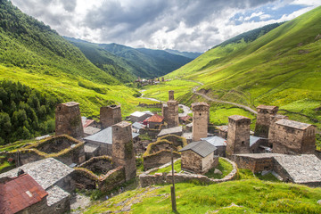 Svaneti mountain towers in Georgia. Landscape of Caucasus - obrazy, fototapety, plakaty