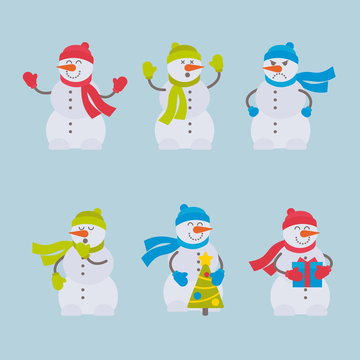 Set of vector flat colorful snowmen for web, print, mobile apps design