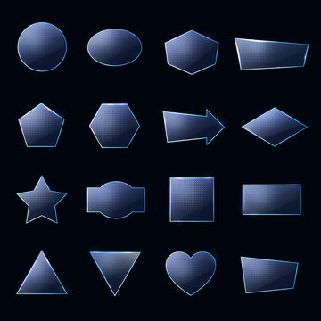 Blue glass plates set. Triangle square rectangle hexagon, pentagon, star, heart, circle textured frames with glow and light on deep blue background. Technology shapes. Realistic vector illustration.