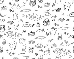 Hand-drawn vector wallpaper of breakfast ingredients and snacks, isolated on a white background - doodle seamless