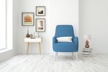 Inspiration of white minimalist room with armchair. Scandinavian interior design. 3D illustration