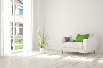 Inspiration of white minimalist room with armchair. Scandinavian interior design. 3D illustration