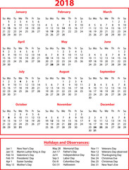 2018 Single Page Calendar Vertical Red