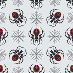 Flat color vector seamless wildlife fauna pattern with black widow spider. Simplified. Cartoon style. Insect. Web. Entomology. Art. Nature. Predator. Illustration, element for your design wallpaper.