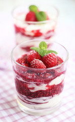Dessert with raspberries and cream