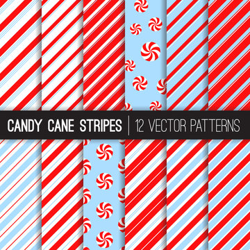 Candy Cane Stripes and Peppermints Vector Patterns in Red, White and Light Blue. Popular Christmas Background. Variable thickness diagonal lines. Pattern Tile Swatches Included.