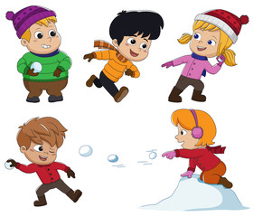 In the winter, kids play in the snow very joyfully.vector and illustration.