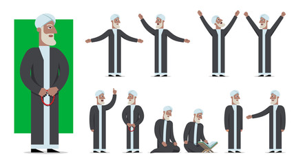 Set of traditionally clothed muslim character poses and emotions. Cartoon style, islam dress code.
