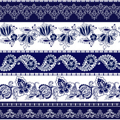 Set of Lace Bohemian Seamless Borders. Stripes with Blue Floral Motifs, Roses, Paisleys. Decorative ornament backdrop for fabric, textile, wrapping paper