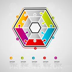 Five options Presentation timeline infographic design with hexagon icon made out of jigsaw pieces