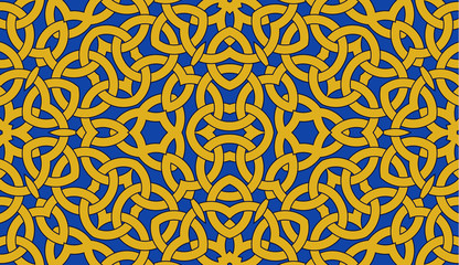 Seamless pattern with golden celtic knot ornament on blue, background