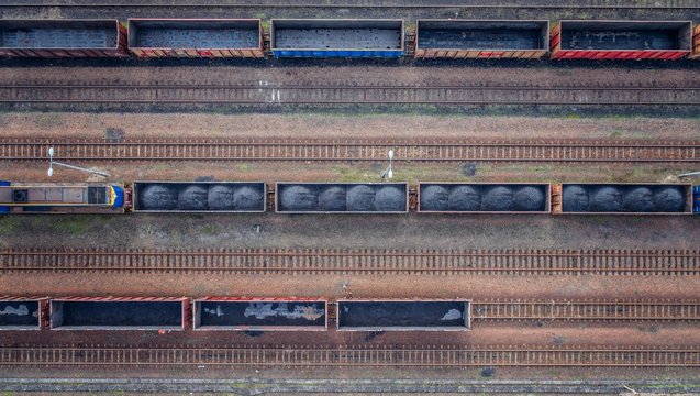 Aerial view on wagons with black coal.