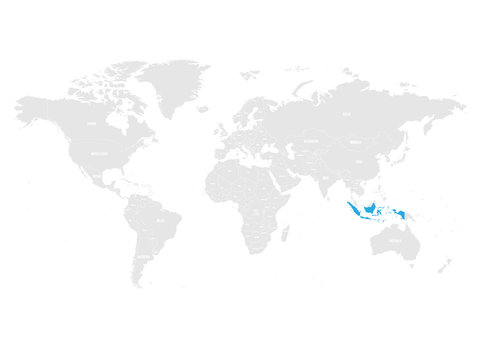 Indonesia marked by blue in grey World political map. Vector illustration.