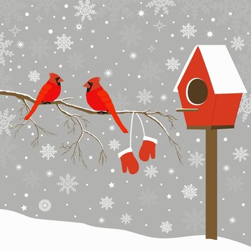 Red birds on branch and birdhouse