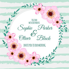 Greeting card with flowers, watercolor, can be used as invitation card for wedding, birthday and other holiday and summer background. Vector illustration. 