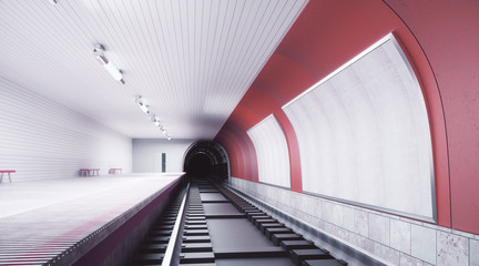 Modern red subway station with billboard