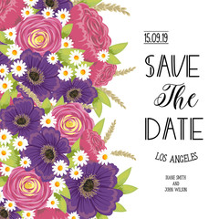 Greeting card with flowers, watercolor, can be used as invitation card for wedding, birthday and other holiday and summer background. Vector illustration. 