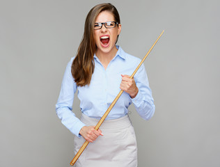 Wicked woman teacher screams, holding pointer wand.