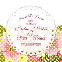 Greeting card with flowers, watercolor, can be used as invitation card for wedding, birthday and other holiday and summer background. Vector illustration. 