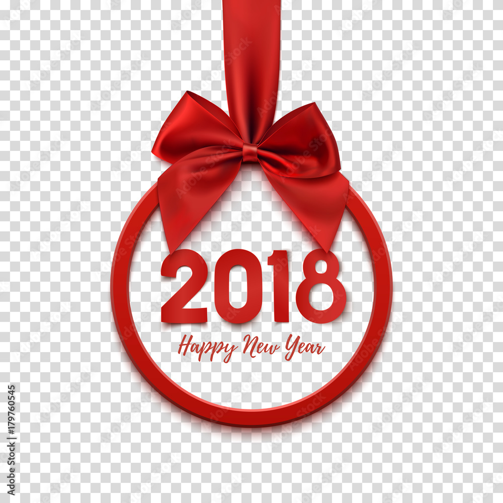 Sticker happy new year 2018 round banner with red ribbon and bow.