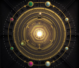 illustration fantasy dieselpunk solar system model astrolabe Steampunk Background. Quality 3D render - obrazy, fototapety, plakaty