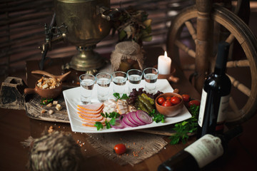 food, drinks, alcohol, tradition, appetizer, restaurant, vodka, vegetables, meat, fat, Russian, company, table, samovar, wood, burlap, fabric, tablecloth, wineglass, shot,