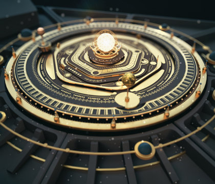 illustration fantasy dieselpunk solar system model astrolabe Steampunk Background. Quality 3D render