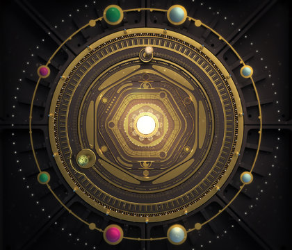 illustration fantasy dieselpunk solar system model astrolabe Steampunk Background. Quality 3D render
