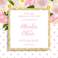 Greeting card with flowers, watercolor, can be used as invitation card for wedding, birthday and other holiday and summer background. Vector illustration. 