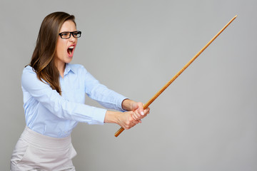 Wicked woman teacher screams, holding pointer wand.