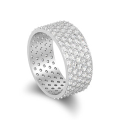 3D illustration isolated white gold or silver engagement pave setting with five tiers of round stones ring with diamond with shadow