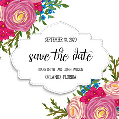 Greeting card with flowers, watercolor, can be used as invitation card for wedding, birthday and other holiday and summer background. Vector illustration. 