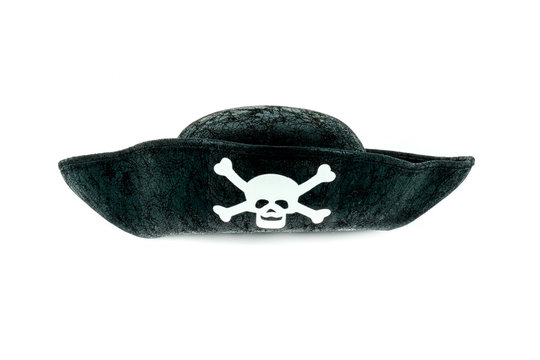 Isolated black vintage pirate hat with a skeleton skull, studio shot on white background.