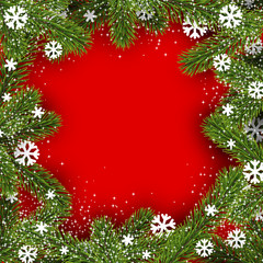 Red winter background with fir branches.