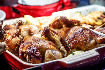 Pieces of grilled chicken lying on a plate.