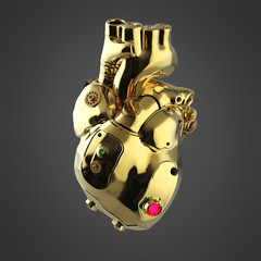 Shiny golden cyborg techno heart with shiny details and colored glass indicators