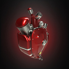 Diesel punk robot techno heart. engine with pipes, radiators and gloss red metal hood parts. ...