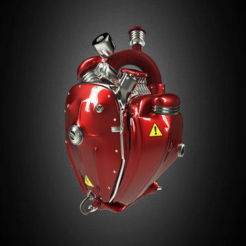 Diesel punk robot techno heart. engine with pipes, radiators and gloss red metal hood parts.  isolated