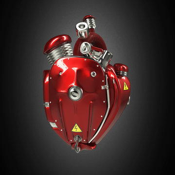 Diesel punk robot techno heart. engine with pipes, radiators and gloss red metal hood parts.  isolated