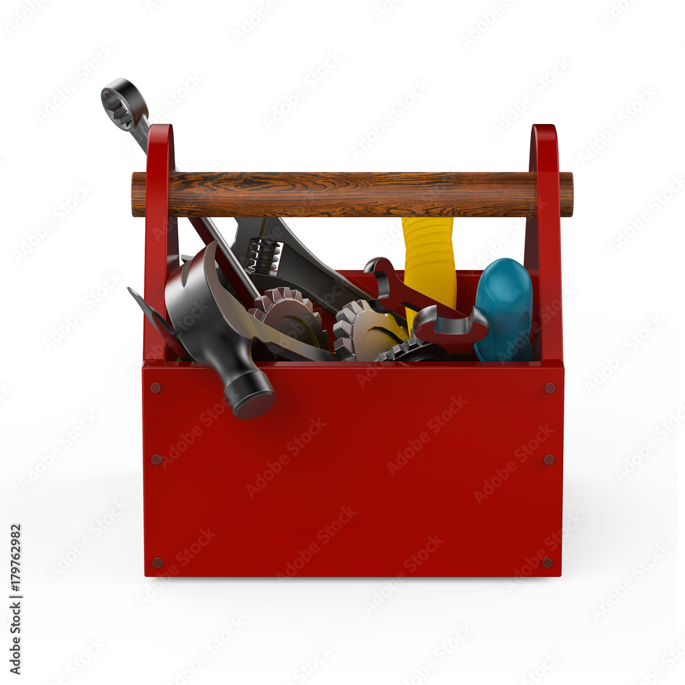 Wall mural Red toolbox with tools. Sckrewdriver, hammer, handsaw and wrench. Under construction, maintenance, fix, repair, premium service. High quality render, isolated.