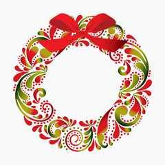 Christmas wreath made from a flower pattern. Print. Isolated object. Card. Icon.