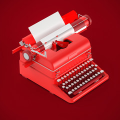golden vintage typewriter with sheet of paper isometric rendering isolated on red background. Poetry, literature, copywriting, storytelling metaphor.
